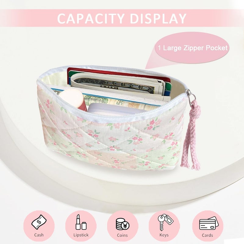 Modacarry Store Cotton Quilted Floral Coin Purse Digital Camera Pouch with Cute Prints Zipper for Women Girls (GREEN PINK PATCH) - Image 2